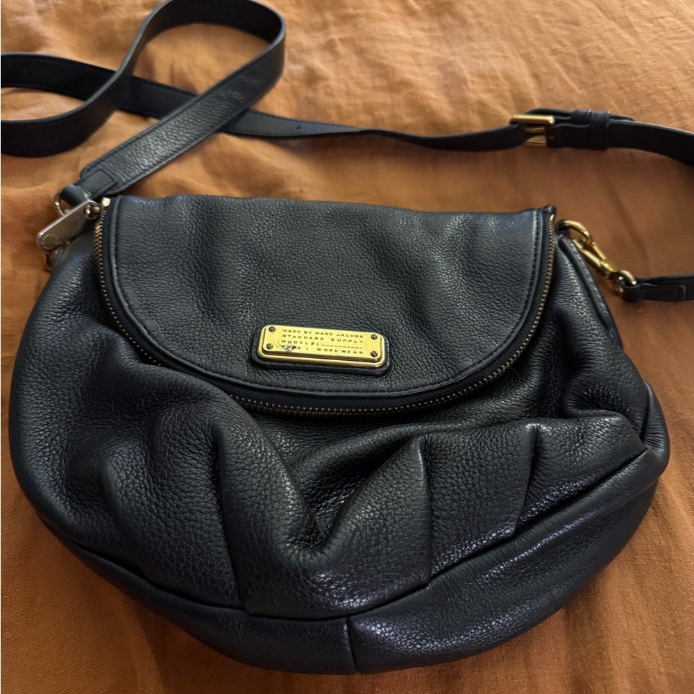 Marc Jacobs Black Pebbled Leather Crossbody with Gold Plaque